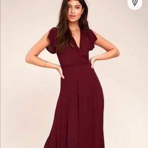 Lulus burgundy flutter sleeve wrap maxi dress